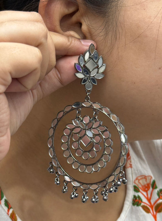 Silver Look Alike MIrror Work ChandBalis For Women