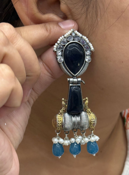 Anaya blue Silver Look Alike Earings with Drops