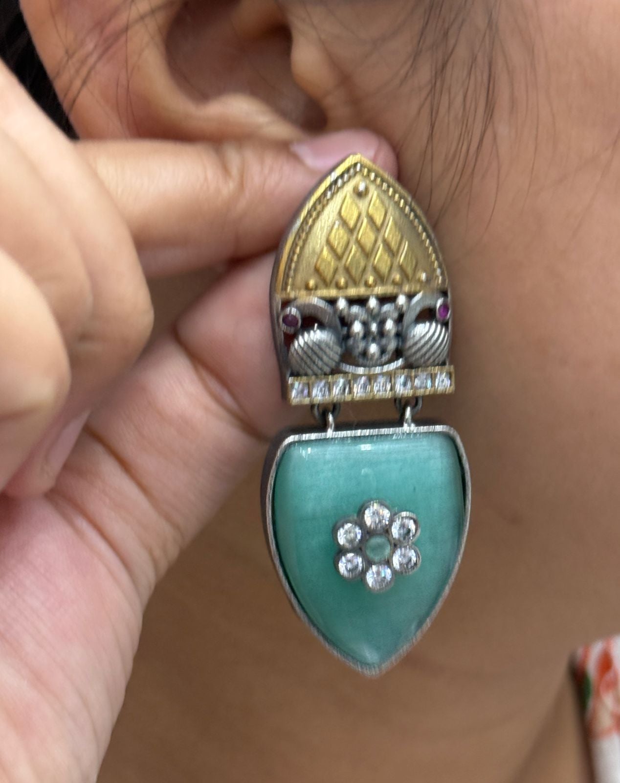 Omya Dual tone Silver look alike earring in Mint For Women