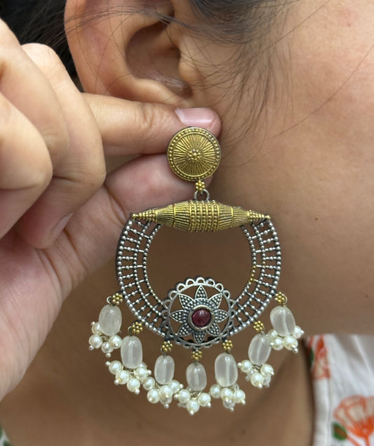 Sandhi Gold Plated Silver Look Alike In Ruby And Water Drops Earings For Women