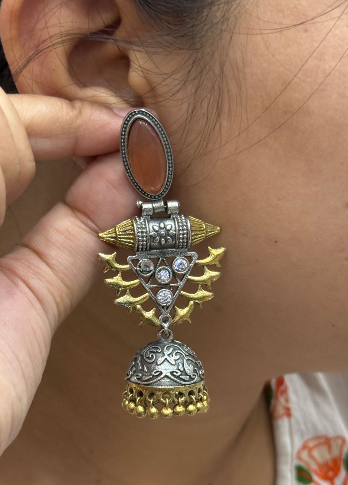 Kimaya Orange Silver Look Alike drop jhumkis