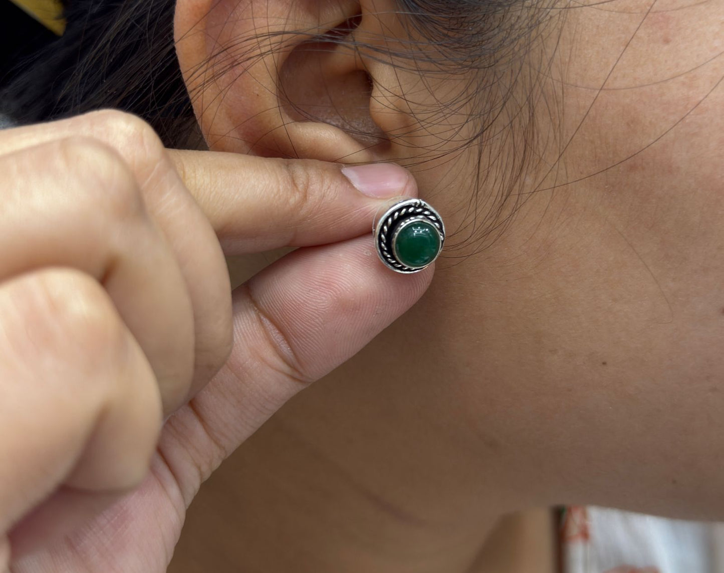 Cute Little long silver look alike studs in Green For Girls and women