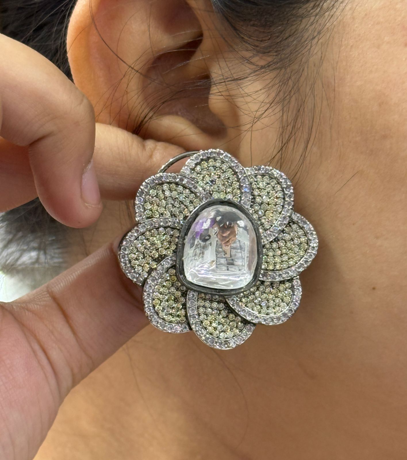 Twinkle Invisible Setting Mint Stone Stud Earrings with Kundan