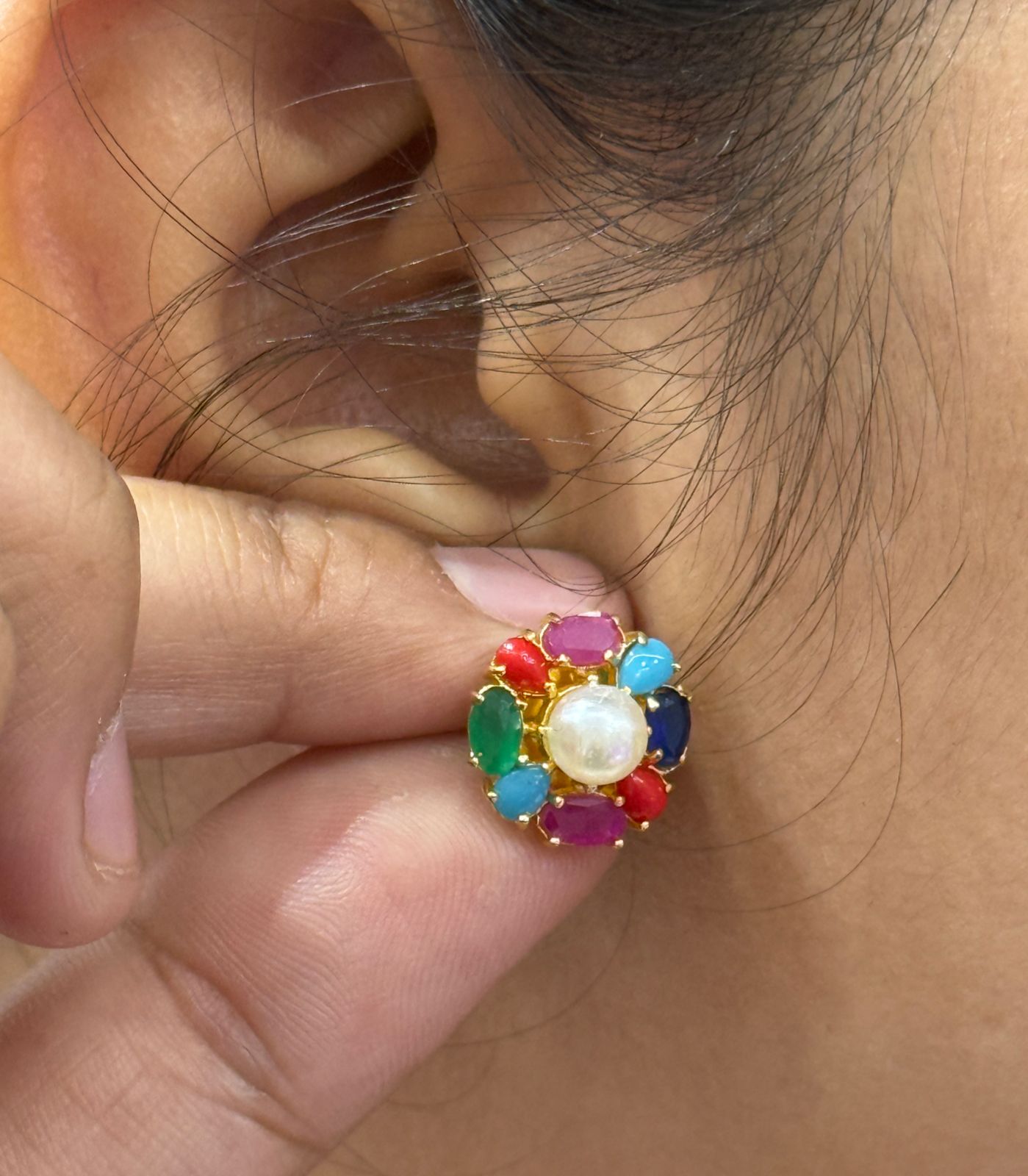Floral Pearl Studs In cz in multi For Women