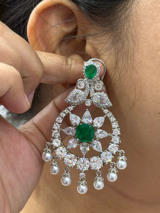 Emerald Green & CZ Stone Chandelier Earrings with Pearls