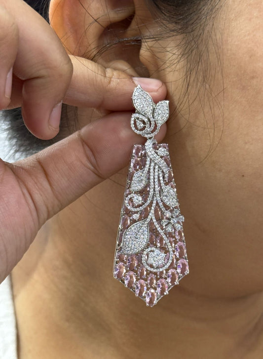 Floral Leaf Pink Statement Earrings with CZ Stone For Women