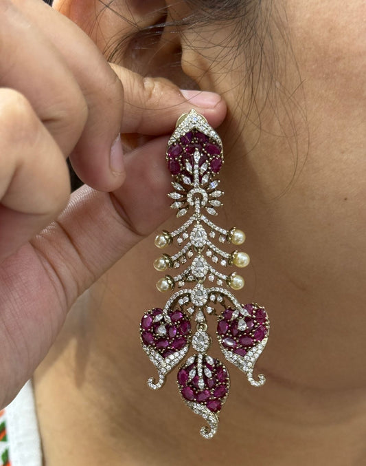 Elegant Long Earrings with Red Stones, Pearls & Gold Crystals