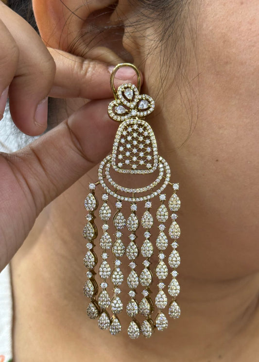Gold Plated Tassel Drop Earrings with CZ Stone