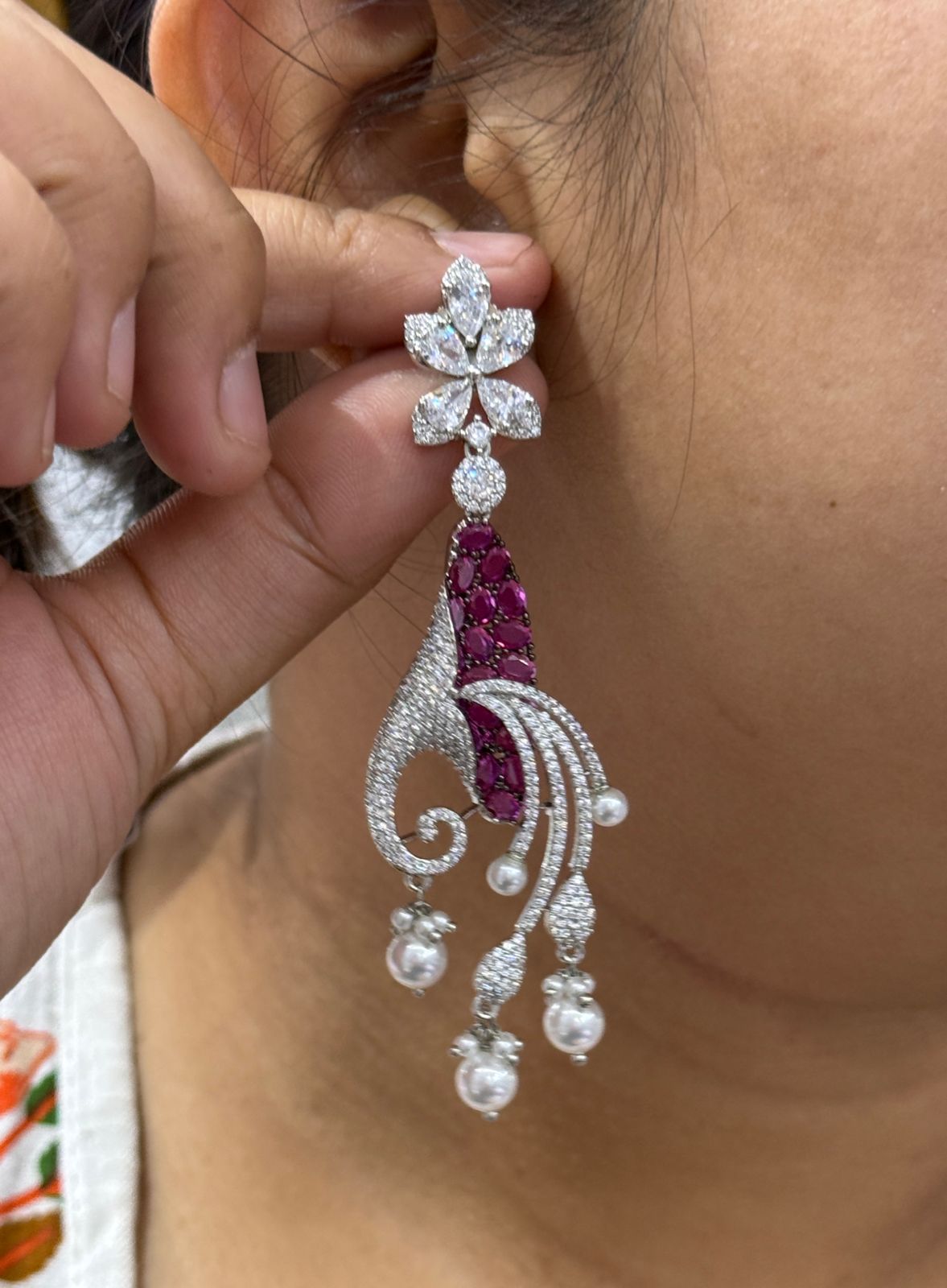 Crystal Peacock Design Earrings with Pink Stones & Pearl Danglers
