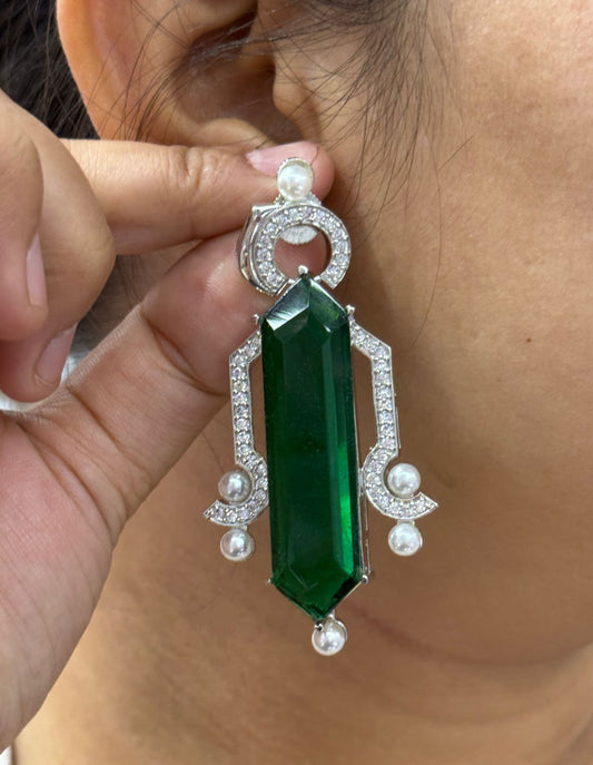 Green Amethyst Long Drop Earrings with Pearl Accents