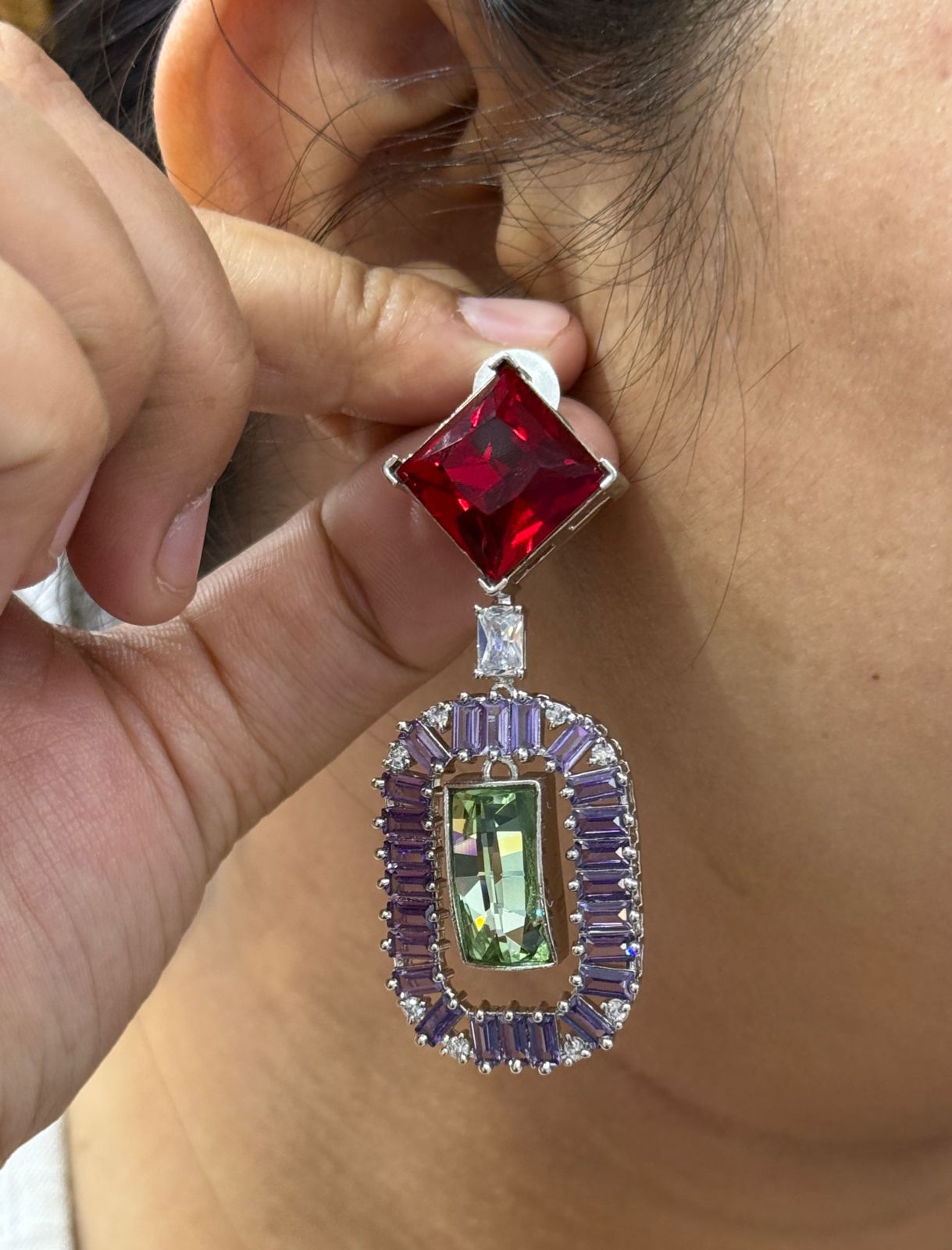 Colorful swarovski Statement Earrings with mint green Center Stone