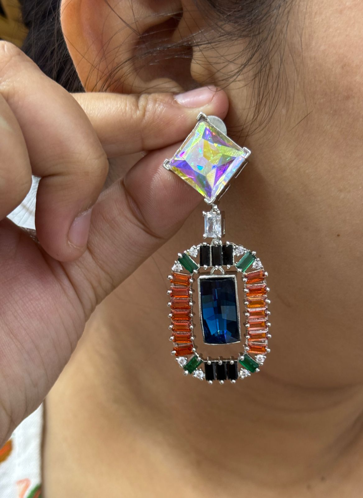 Colorful swarovski Statement Earrings with Blue Center Stone