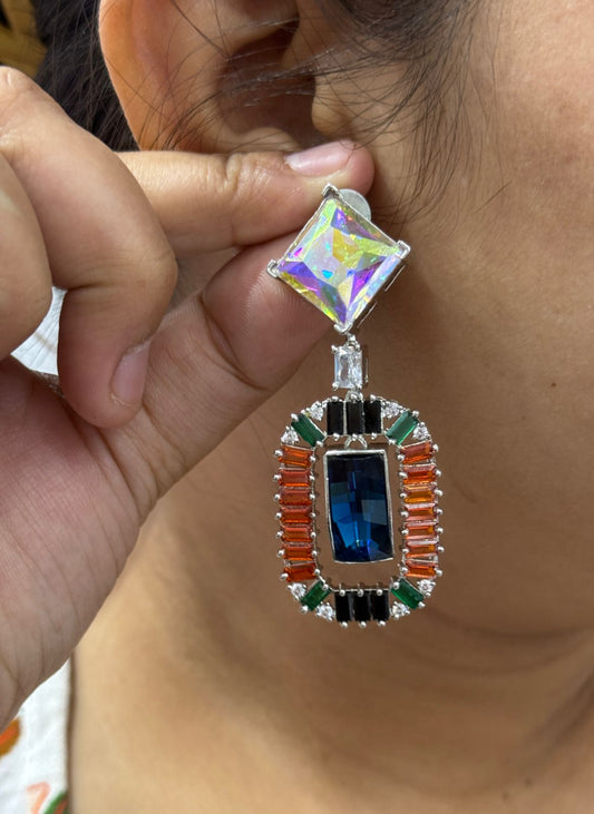 Colorful swarovski Statement Earrings with Blue Center Stone