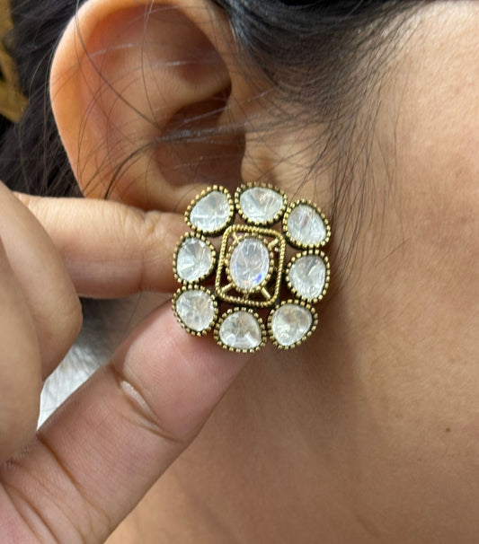 Square Mossanite Kundan Studs In White For Women