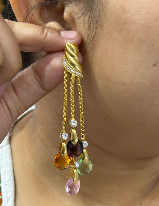 Designer Gold Finish Earrings with Multicolor CZ Stone Drops