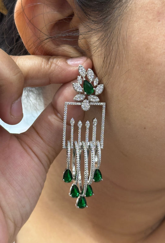 Geometric Floral Dangle Earrings with Green CZ Drops