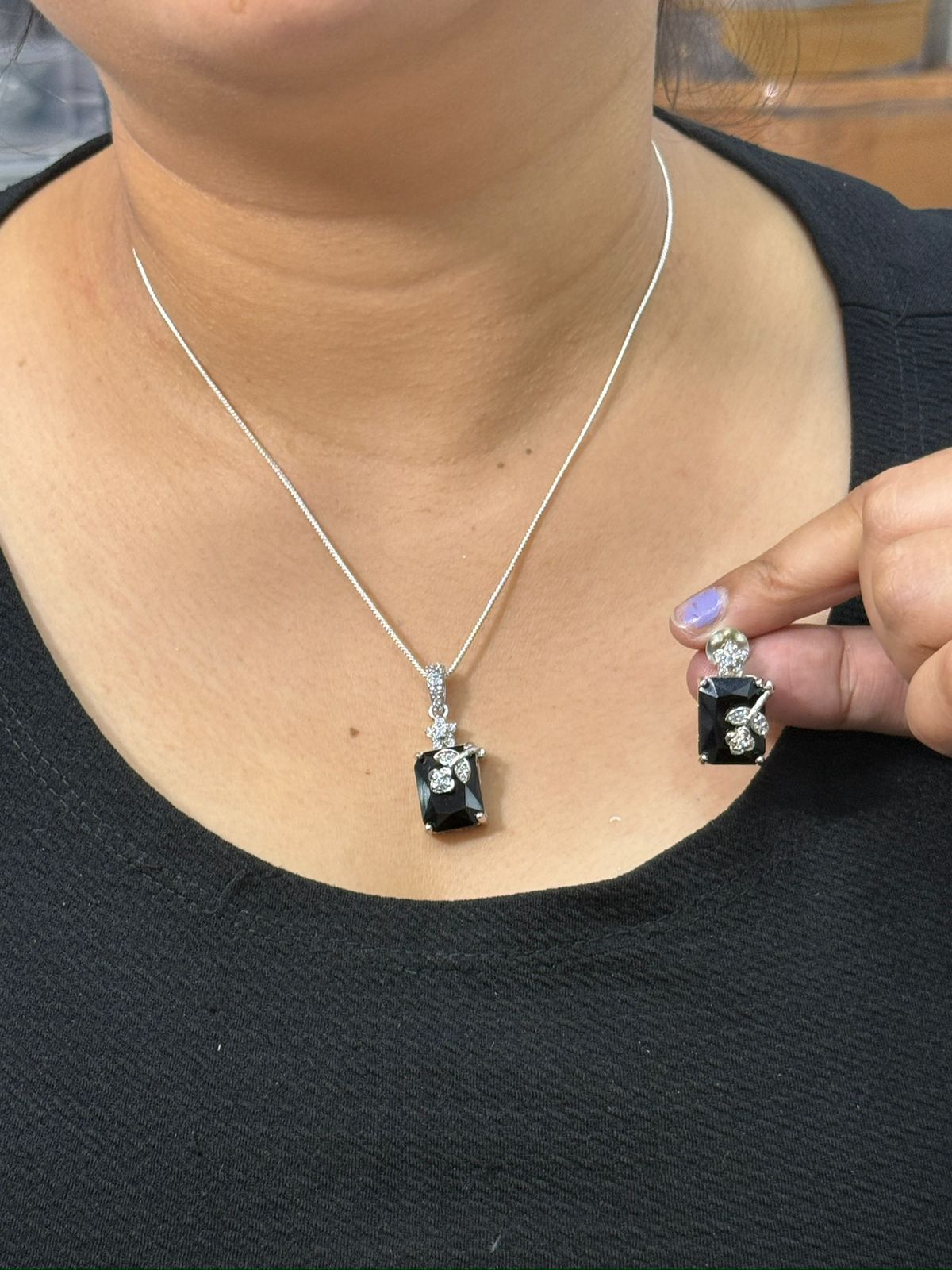 Black Stone Pendant, studs & Ring Set with CZ Floral Accents