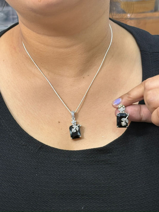 Black Stone Pendant, studs & Ring Set with CZ Floral Accents