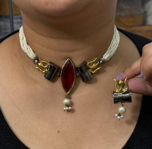 Bholenath trishul silver look alike Ruby necklace with earrings