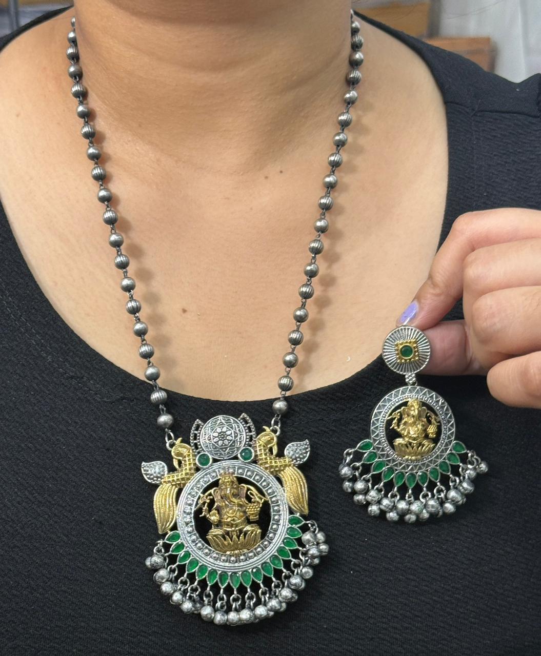 Ganesha ji long Dual Tone silver look alike in Green necklace with earrings