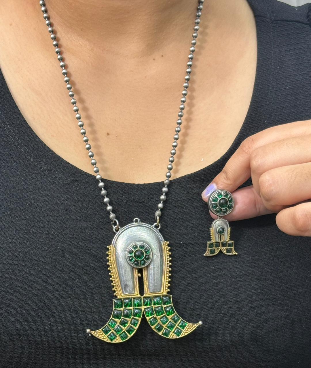 Twisha long silver look alike Necklace in Emerald green for women