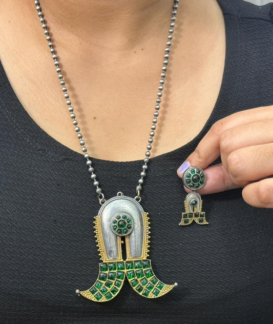 Twisha long silver look alike Necklace in Emerald green for women