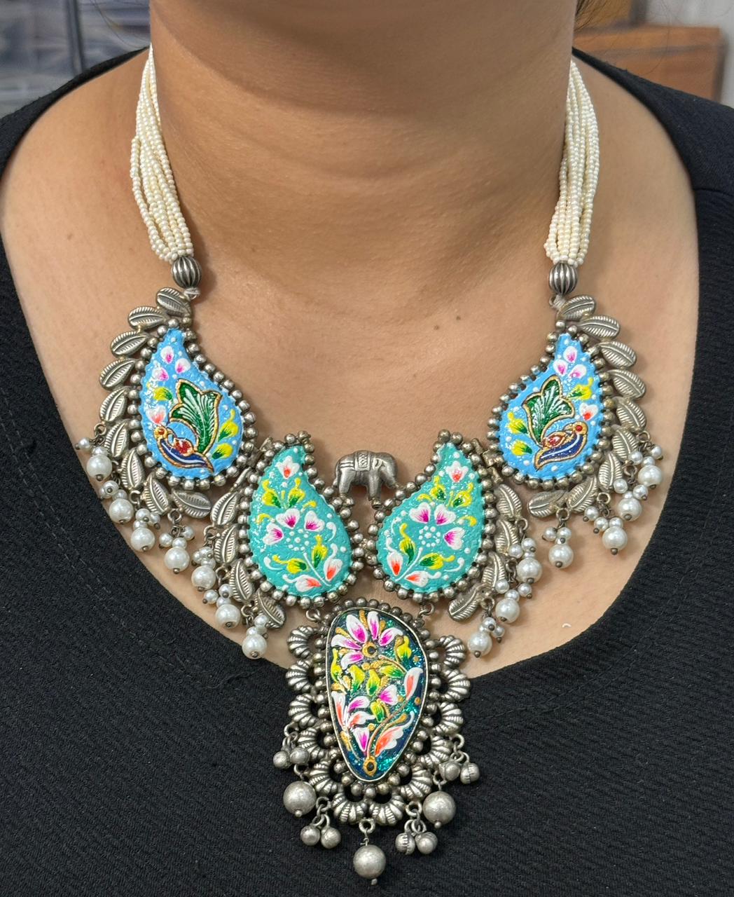 Gia blue handpainted necklace For Women