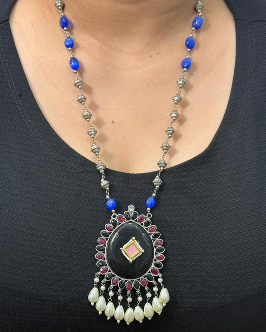 Silver Look Alike Chain Necklace In Kundan Polki Drops For Women