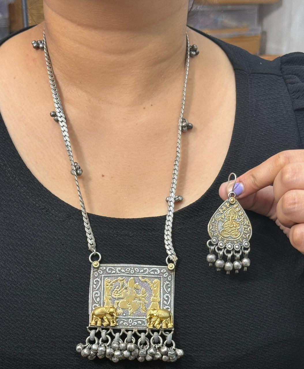 gold Polished Ganesha Silver Look Alike Necklace For Women