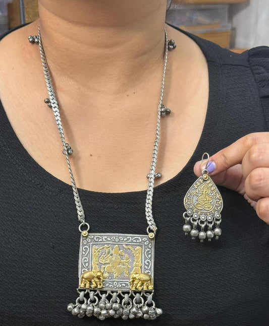 gold Polished Ganesha Silver Look Alike Necklace For Women