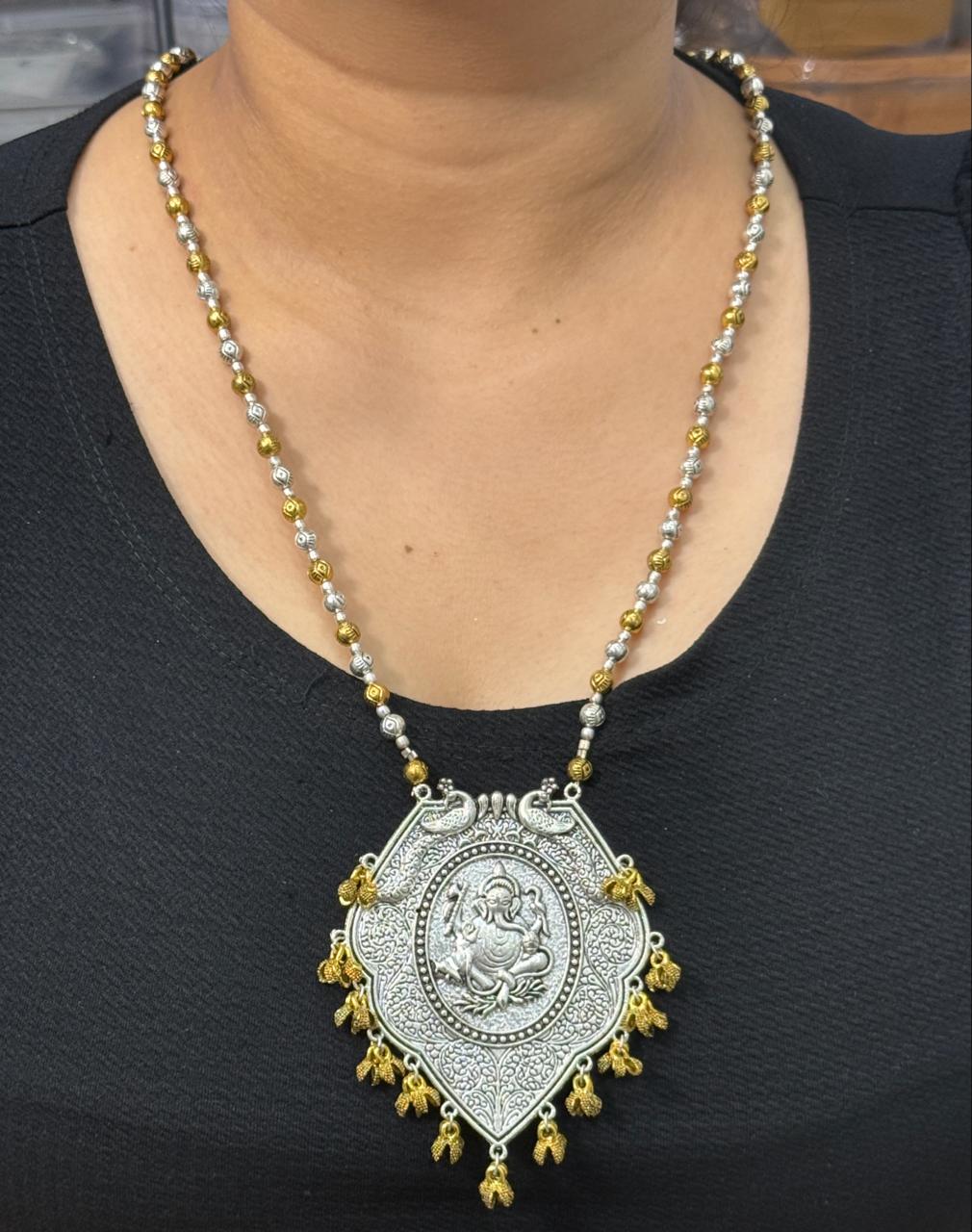 Ganesh ji  long silver look alike  dual tone necklace