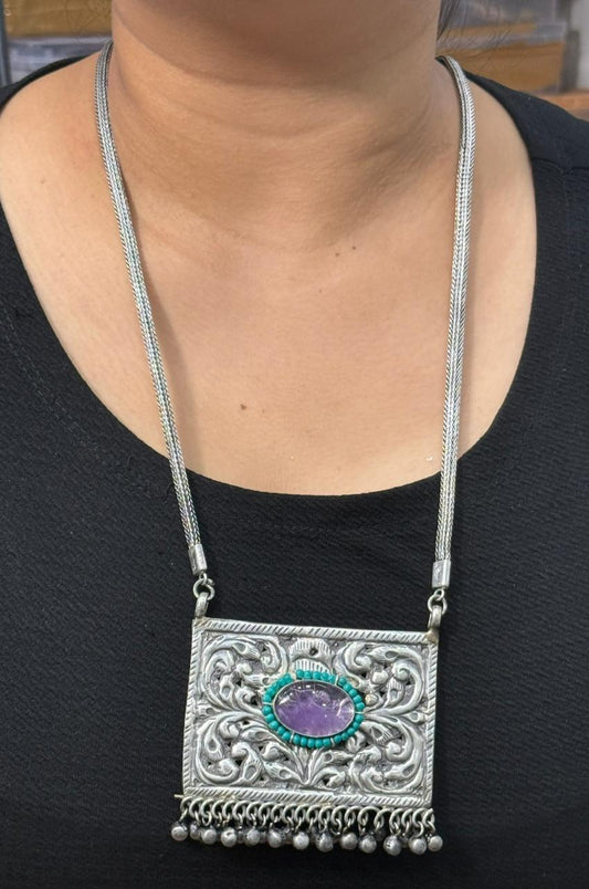 Silver Look Alike Necklace In Amethyst Stone  For Women