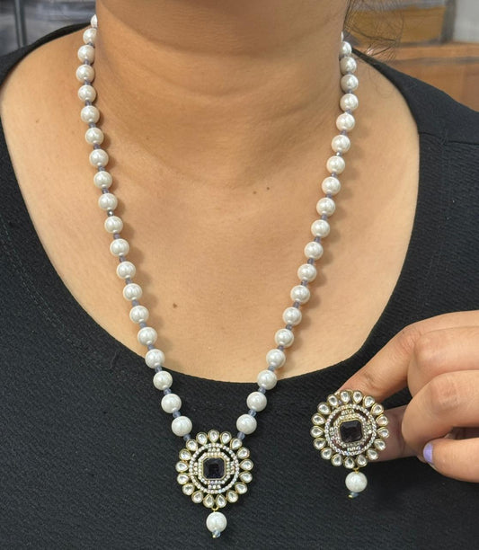 Mivi White Beaded Mala With Beautiful Kundan Broach For Women