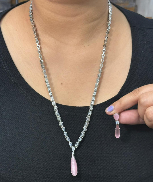 Nishtha American Diamond Necklace Set In Pink Drop For Women