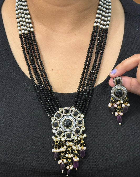 Parul Jaipuri black Layered kundan Mala Necklace  With Earings For Womens