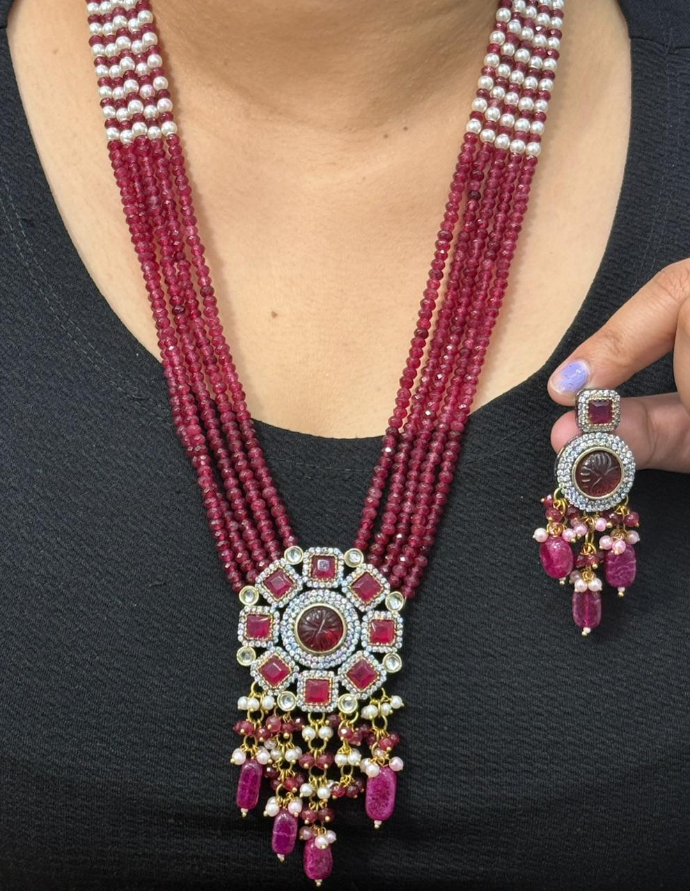 Drishti Carved Stone Broach Multi Layered Mala Necklace In Ruby Drop For Women