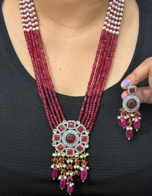 Drishti Carved Stone Broach Multi Layered Mala Necklace In Ruby Drop For Women
