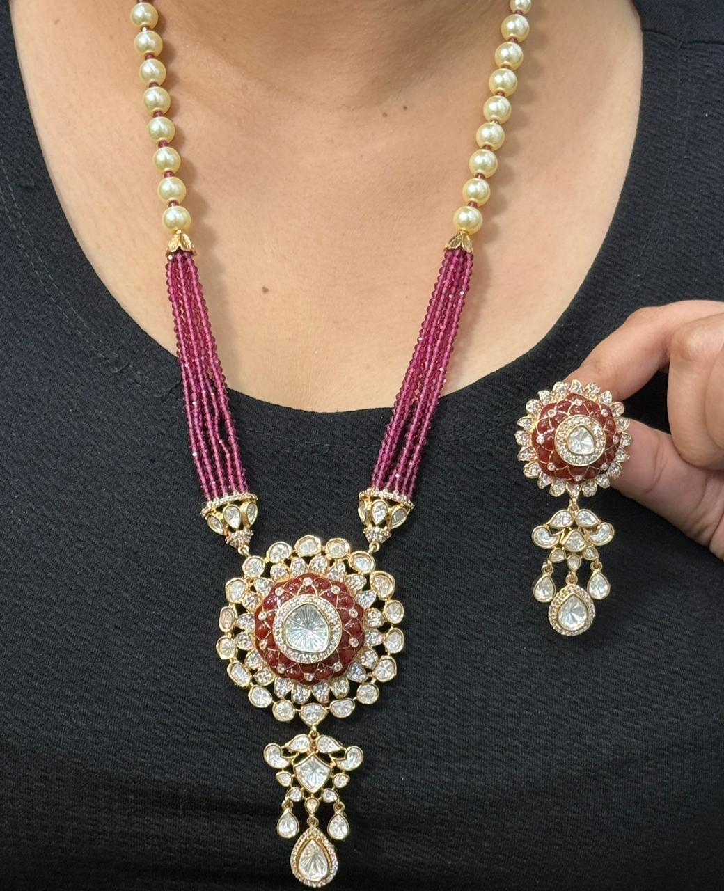 Long Mossanite With Beading Necklace In Pink For Women