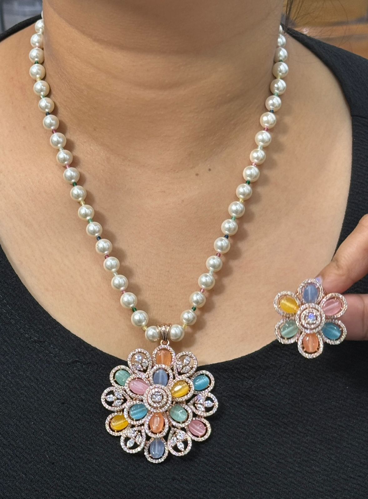 Multicolor Stone Floral Pendant & studs Set with Pearl Beaded Chain
