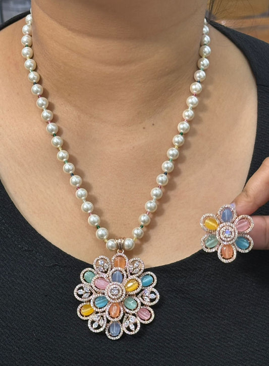 Multicolor Stone Floral Pendant & studs Set with Pearl Beaded Chain