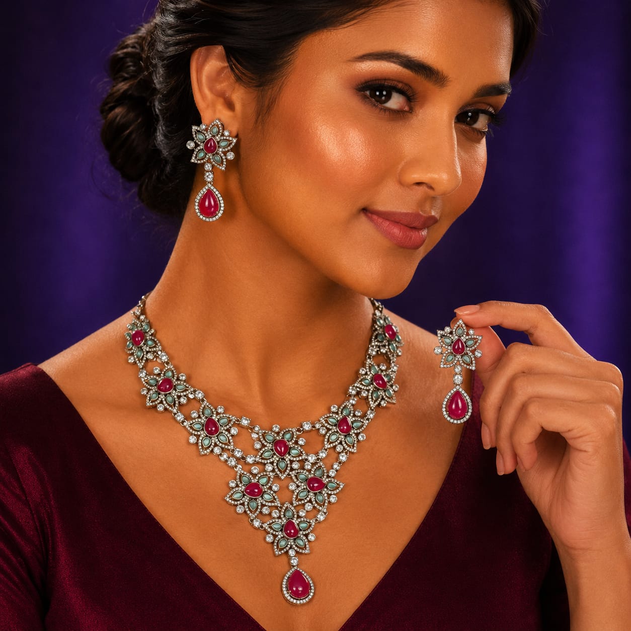 Victorian Polish CZ Floral Necklace With Earrings