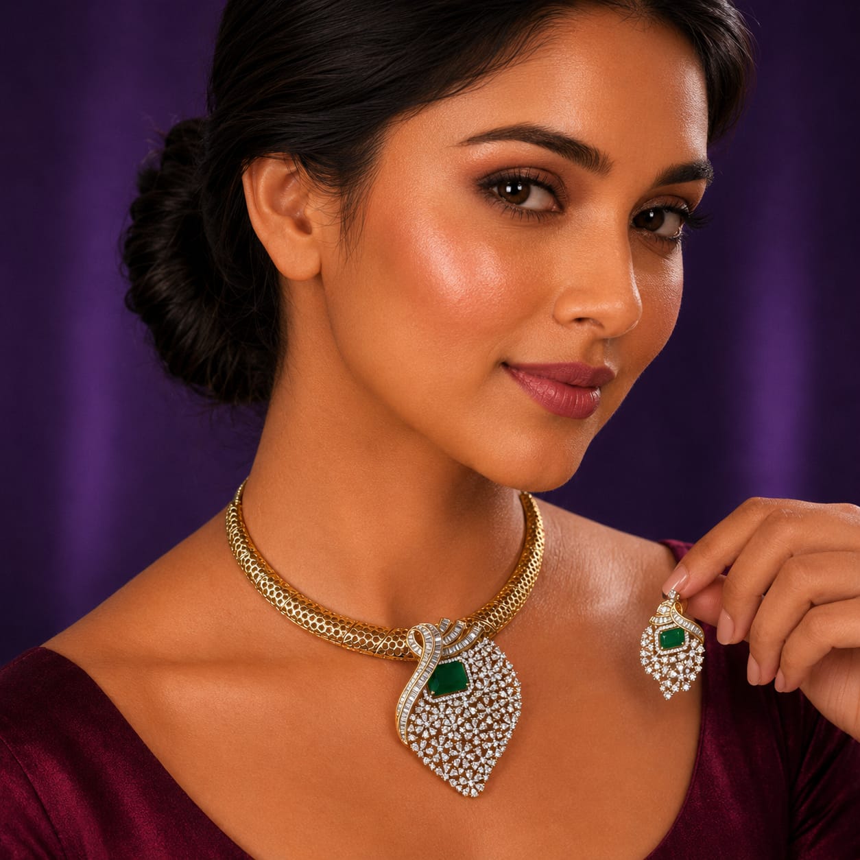 Elegant Gold-Tone Necklace Set with Green Stone and Sparkling CZ
