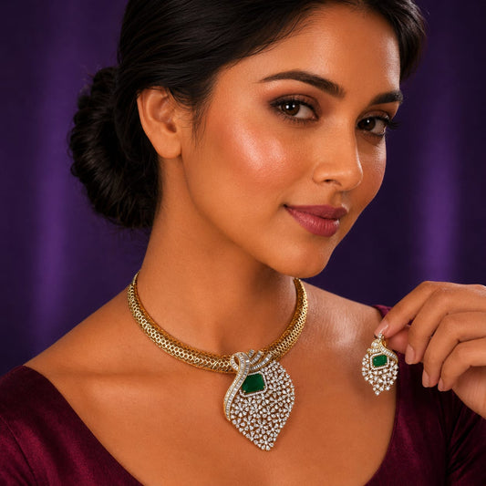 Elegant Gold-Tone Necklace Set with Green Stone and Sparkling CZ