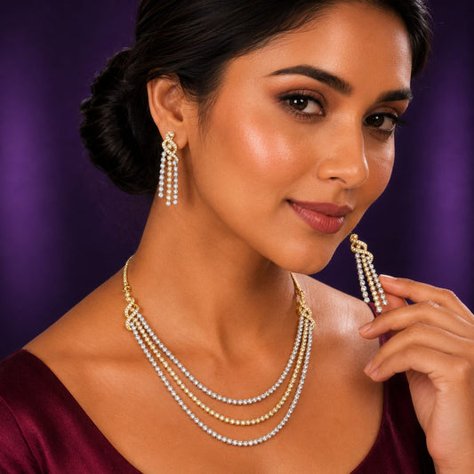 Gold & Silver Triple Layer CZ Necklace Set with Earrings