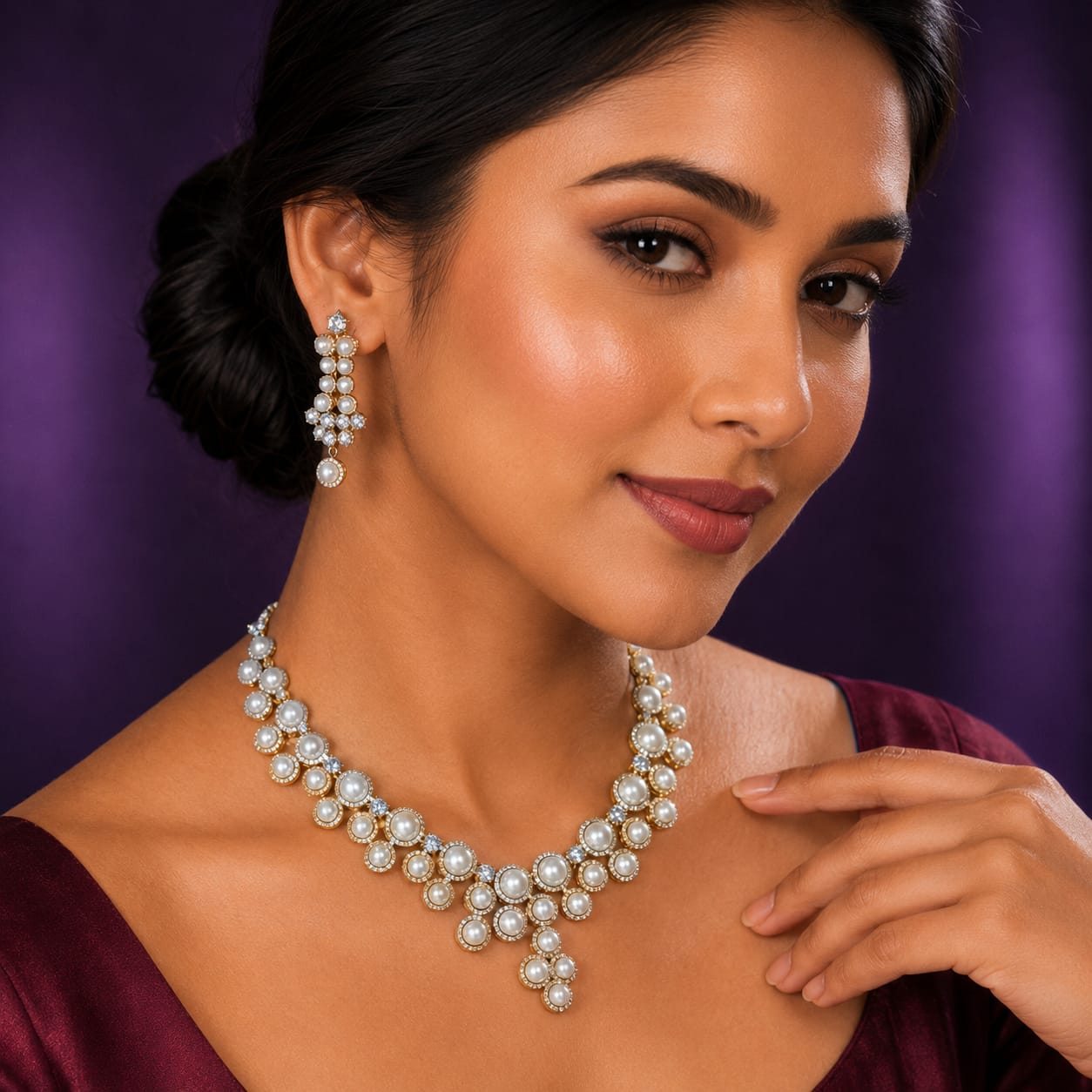 Alani American Diamond Pearl Necklace Set in Gold Plated For Women