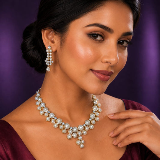 Alani American Diamond Pearl Necklace Set in Gold Plated For Women