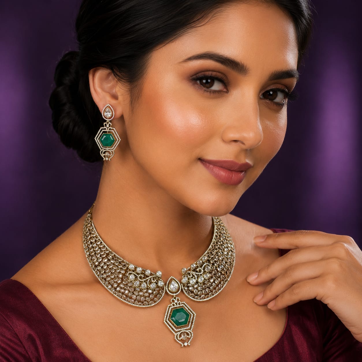 Hasli With Mossanite Kundan  in Champagne For Women
