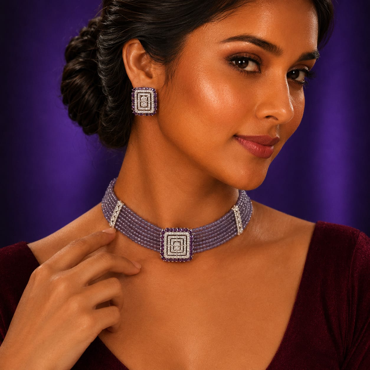 Square CZ With Beaded Choker In Amethist