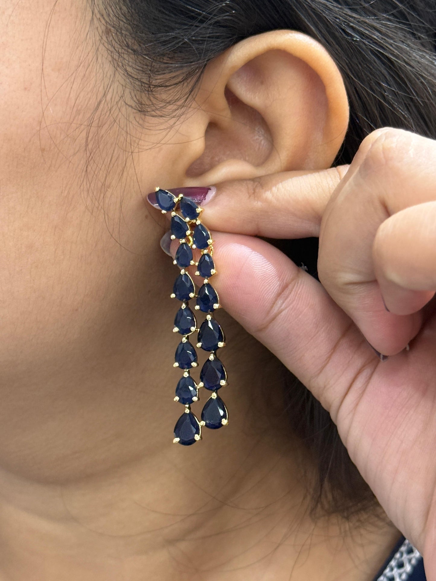 CZ Long Earring And Ring Combo In Royal Blue For Women And Girls