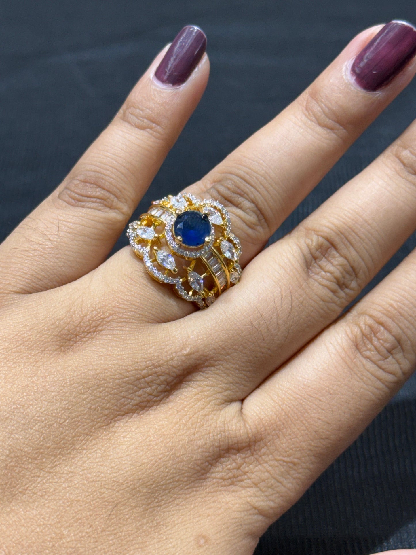 CZ Long Earring And Ring Combo In Royal Blue For Women And Girls